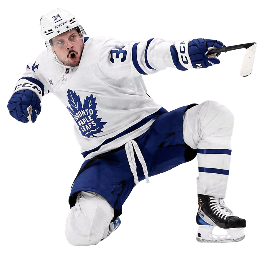 Cutout of Auston Matthews pointing while celebrating in a white Toronto Maple Leafs uniform